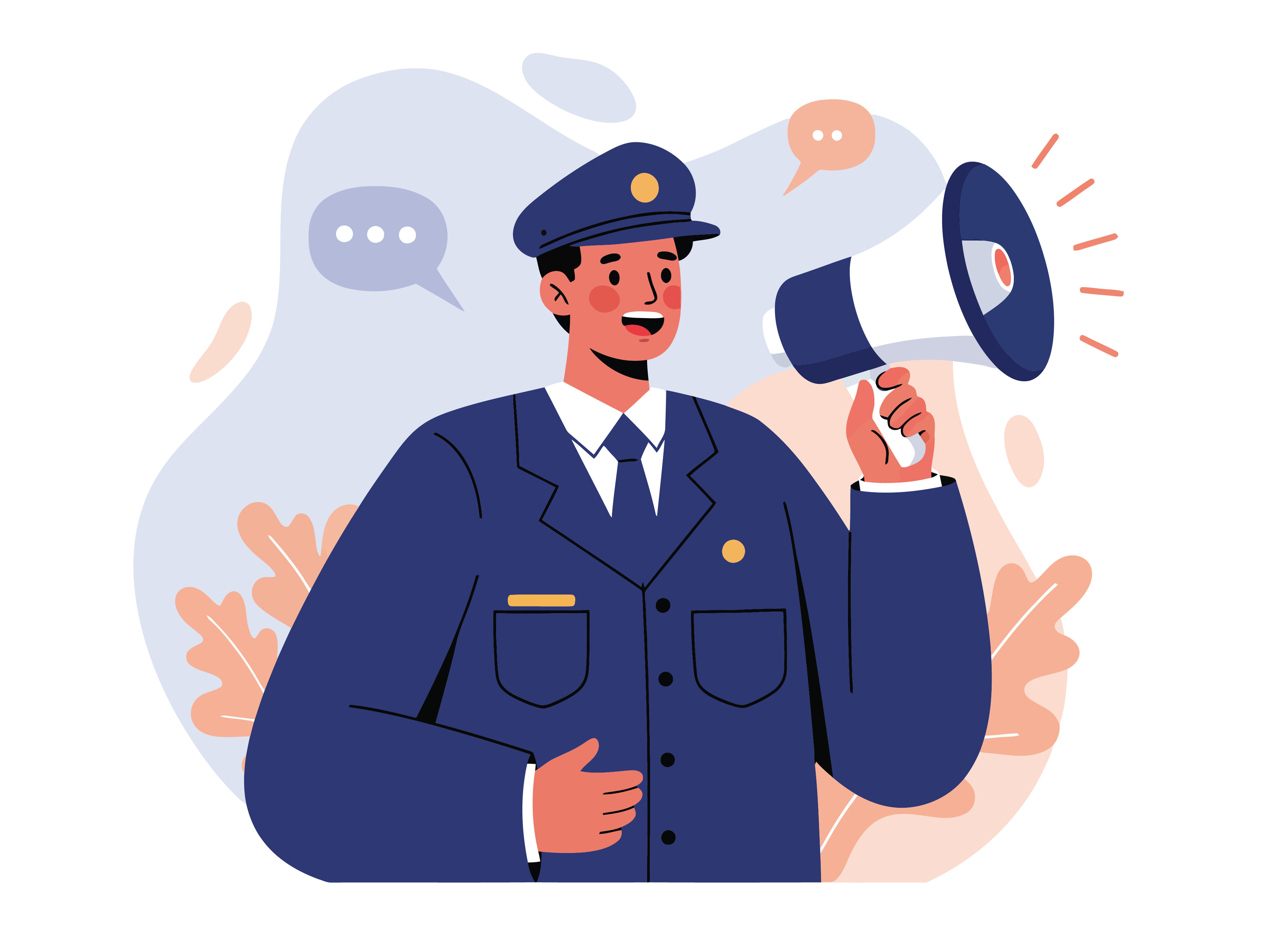 Police officer holding megaphone making announcement in uniform vector illustration