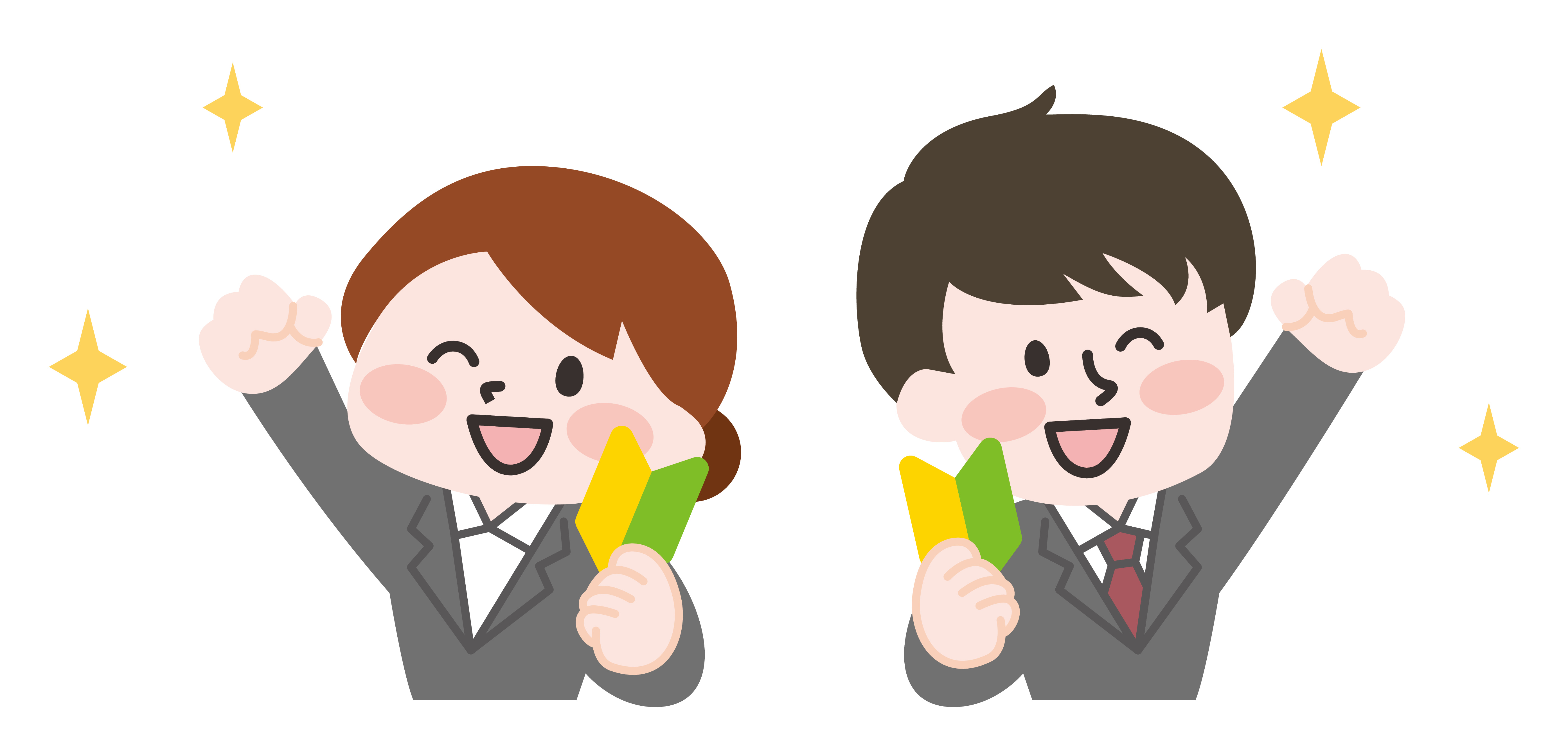 初心者マークを持つ新入社員の男女